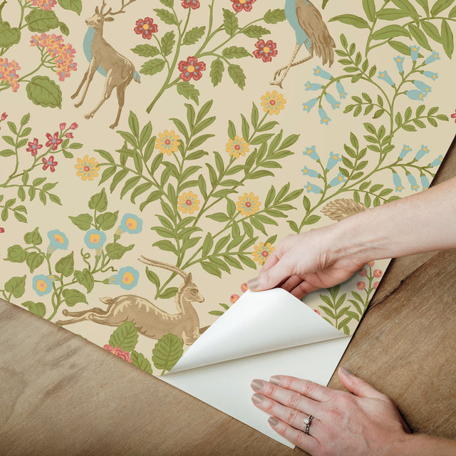 Woodland Floral Linen Peel & Stick Wallpaper with Folk-Art Deer and Peacock Motif - York PSW1436RL