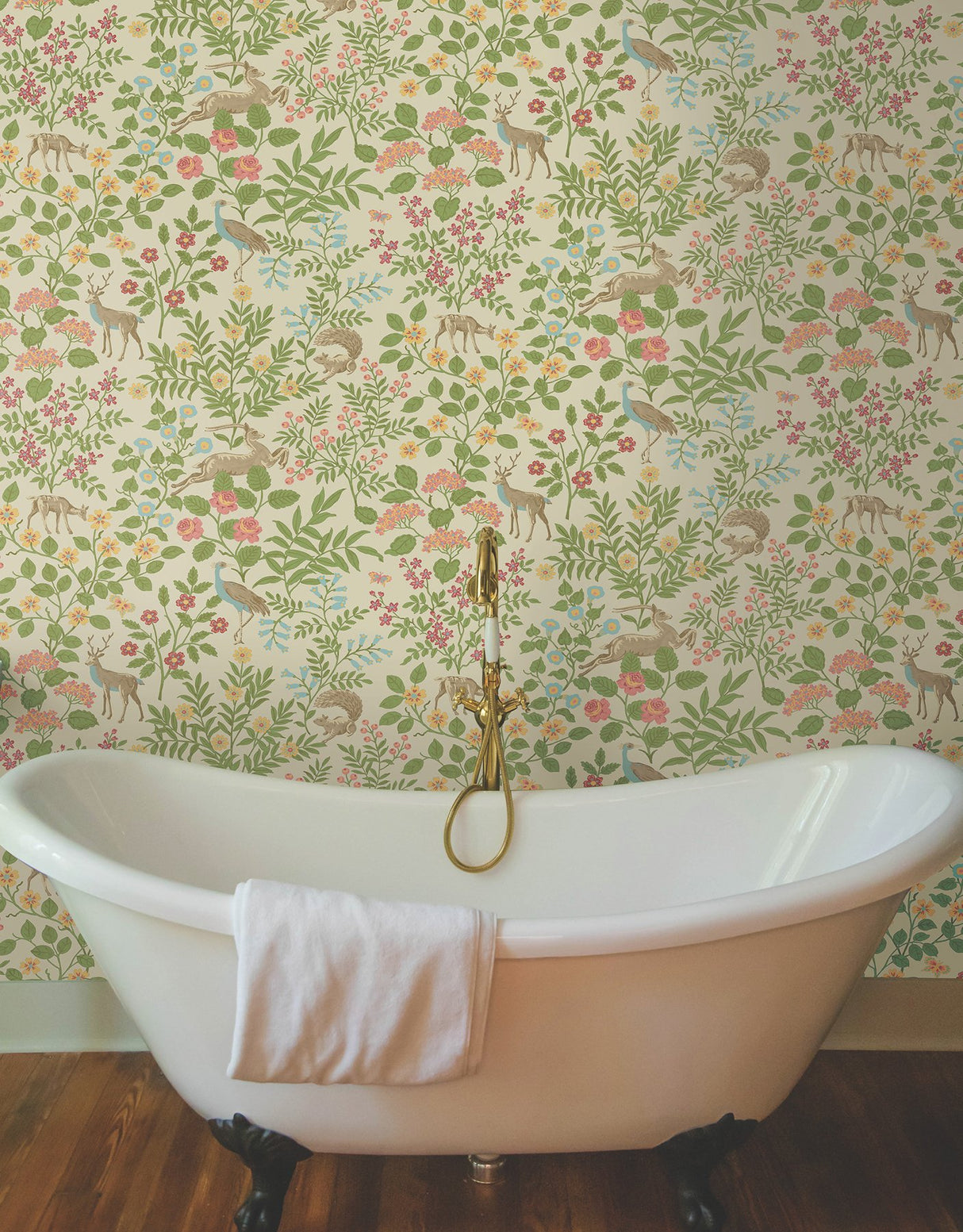 Woodland Floral Linen Peel & Stick Wallpaper with Folk-Art Deer and Peacock Motif - York PSW1436RL