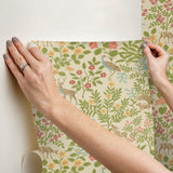 Woodland Floral Linen Peel & Stick Wallpaper with Folk-Art Deer and Peacock Motif - York PSW1436RL