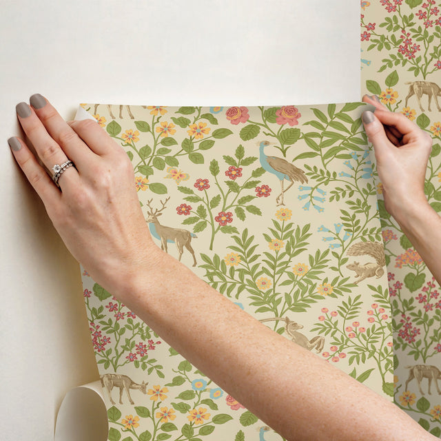 Woodland Floral Linen Peel & Stick Wallpaper with Folk-Art Deer and Peacock Motif - York PSW1436RL