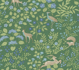 Woodland Floral Meadow Green Peel & Stick Wallpaper with Arts & Crafts Deer and Peacock Motif - York PSW1437RL