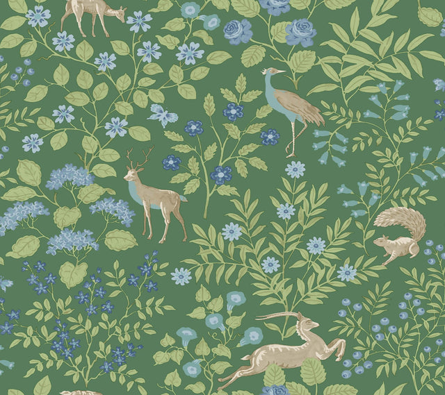 Woodland Floral Meadow Green Peel & Stick Wallpaper with Arts & Crafts Deer and Peacock Motif - York PSW1437RL
