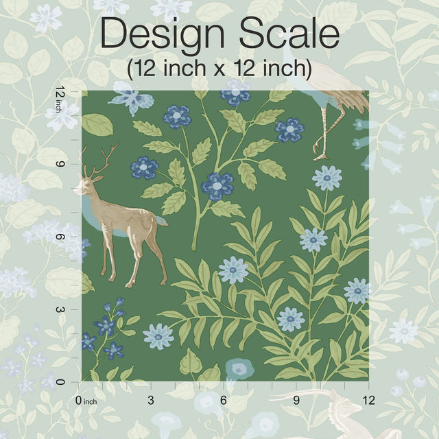 Woodland Floral Meadow Green Peel & Stick Wallpaper with Arts & Crafts Deer and Peacock Motif - York PSW1437RL