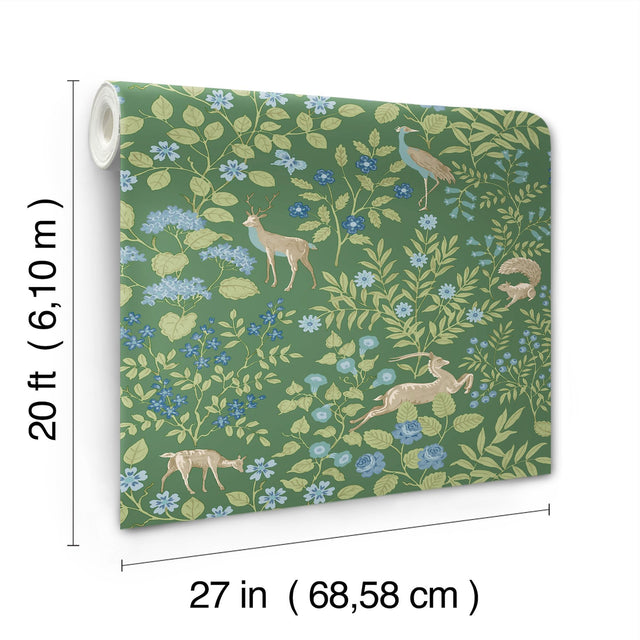 Woodland Floral Meadow Green Peel & Stick Wallpaper with Arts & Crafts Deer and Peacock Motif - York PSW1437RL