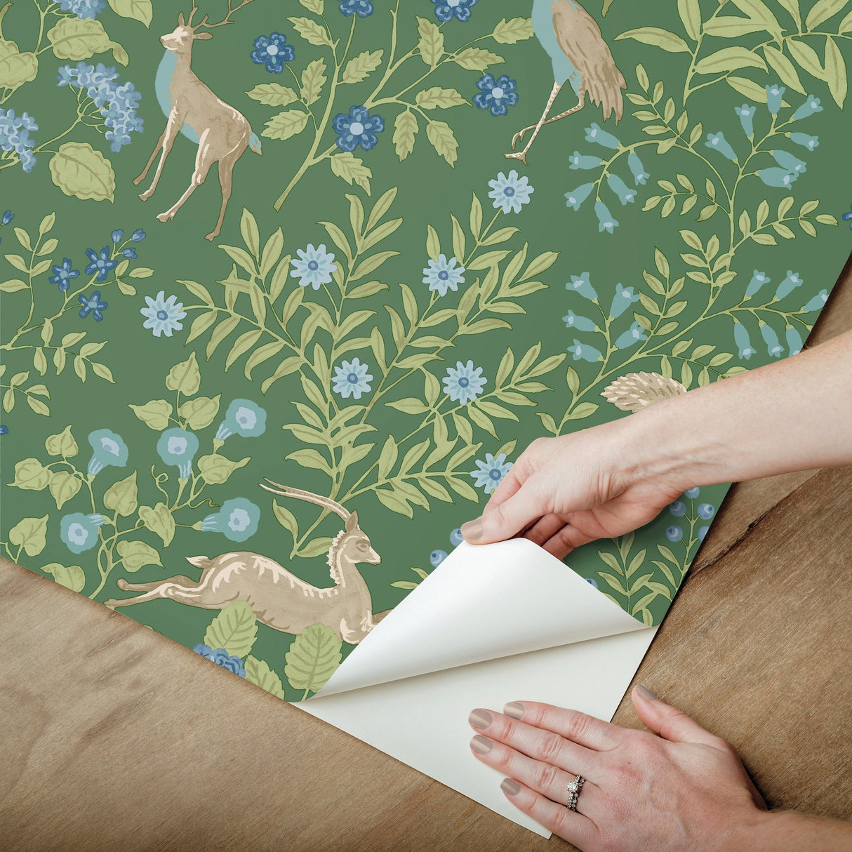 Woodland Floral Meadow Green Peel & Stick Wallpaper with Arts & Crafts Deer and Peacock Motif - York PSW1437RL
