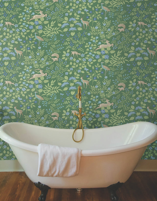 Woodland Floral Meadow Green Peel & Stick Wallpaper with Arts & Crafts Deer and Peacock Motif - York PSW1437RL