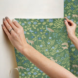 Woodland Floral Meadow Green Peel & Stick Wallpaper with Arts & Crafts Deer and Peacock Motif - York PSW1437RL