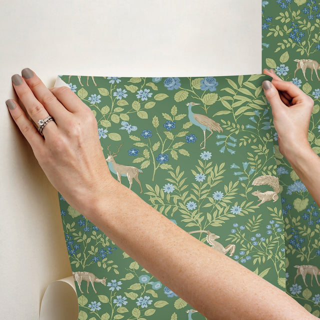Woodland Floral Meadow Green Peel & Stick Wallpaper with Arts & Crafts Deer and Peacock Motif - York PSW1437RL