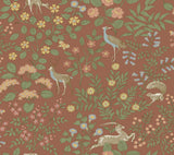 Woodland Floral Rust Peel & Stick Wallpaper with Arts & Crafts Deer and Peacock Motif - York PSW1438RL