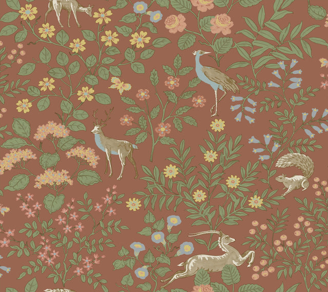 Woodland Floral Rust Peel & Stick Wallpaper with Arts & Crafts Deer and Peacock Motif - York PSW1438RL