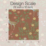 Woodland Floral Rust Peel & Stick Wallpaper with Arts & Crafts Deer and Peacock Motif - York PSW1438RL