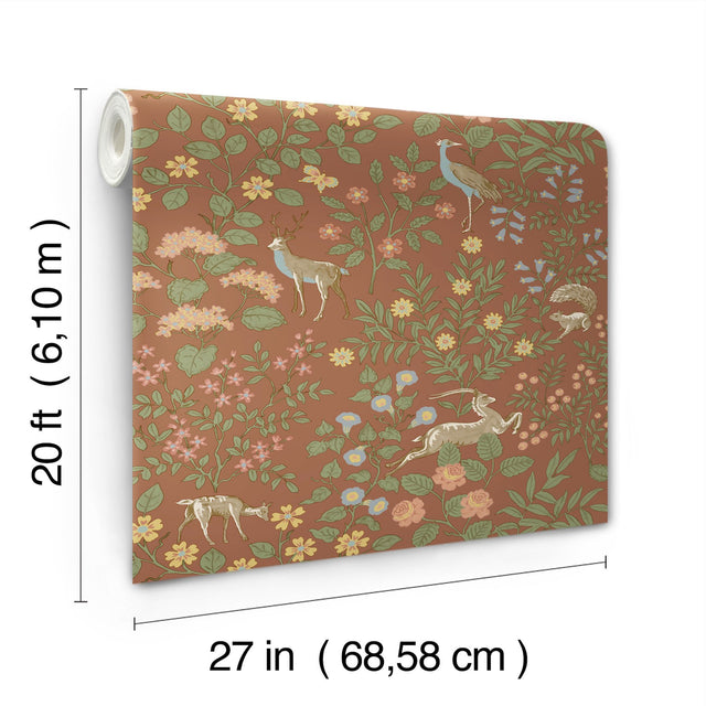 Woodland Floral Rust Peel & Stick Wallpaper with Arts & Crafts Deer and Peacock Motif - York PSW1438RL