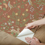 Woodland Floral Rust Peel & Stick Wallpaper with Arts & Crafts Deer and Peacock Motif - York PSW1438RL