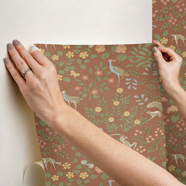 Woodland Floral Rust Peel & Stick Wallpaper with Arts & Crafts Deer and Peacock Motif - York PSW1438RL