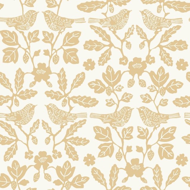 Sparrow & Oak Ochre Yellow Peel & Stick Wallpaper with Botanical Songbird Motif - York PSW1439RL