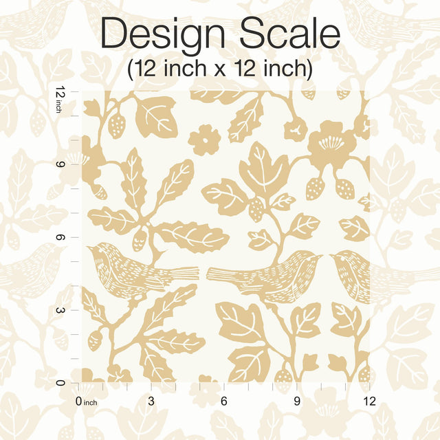 Sparrow & Oak Ochre Yellow Peel & Stick Wallpaper with Botanical Songbird Motif - York PSW1439RL