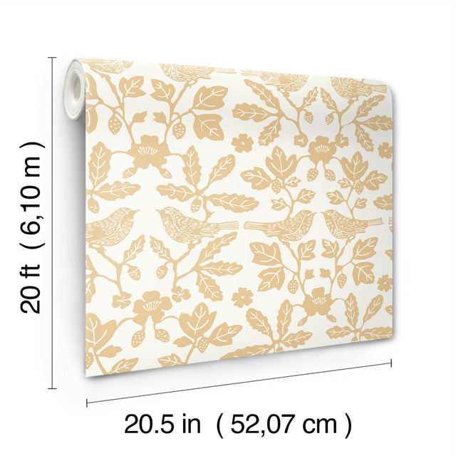 Sparrow & Oak Ochre Yellow Peel & Stick Wallpaper with Botanical Songbird Motif - York PSW1439RL