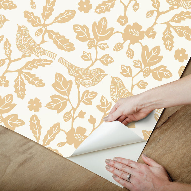 Sparrow & Oak Ochre Yellow Peel & Stick Wallpaper with Botanical Songbird Motif - York PSW1439RL