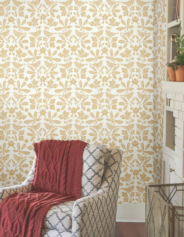 Sparrow & Oak Ochre Yellow Peel & Stick Wallpaper with Botanical Songbird Motif - York PSW1439RL