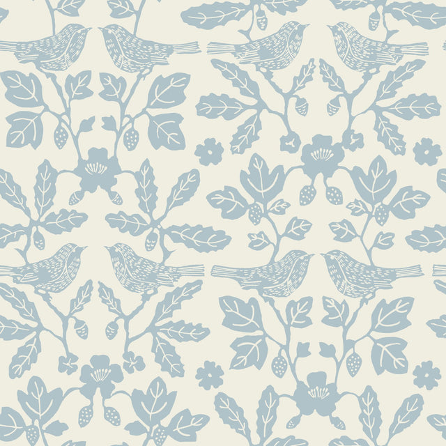 Sparrow & Oak Glacial Blue Peel & Stick Wallpaper with Botanical Songbird Motif - York PSW1441RL