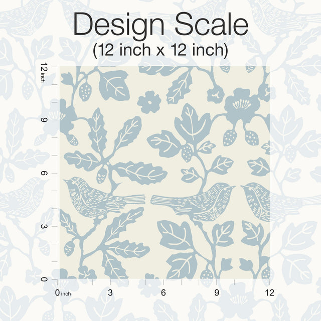 Sparrow & Oak Glacial Blue Peel & Stick Wallpaper with Botanical Songbird Motif - York PSW1441RL