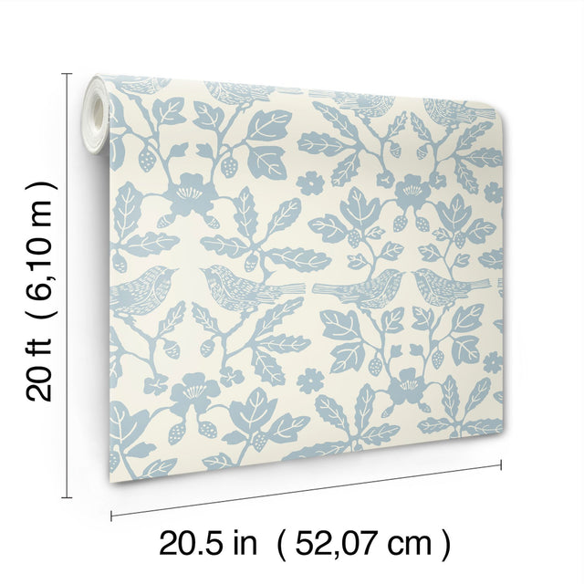 Sparrow & Oak Glacial Blue Peel & Stick Wallpaper with Botanical Songbird Motif - York PSW1441RL
