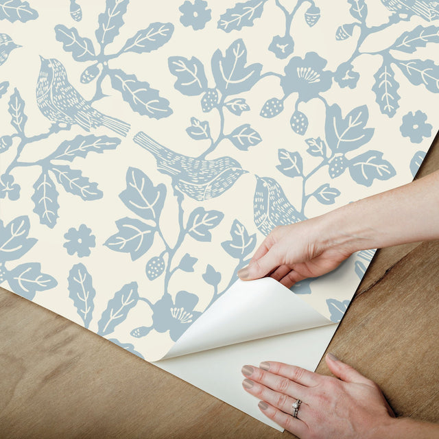 Sparrow & Oak Glacial Blue Peel & Stick Wallpaper with Botanical Songbird Motif - York PSW1441RL