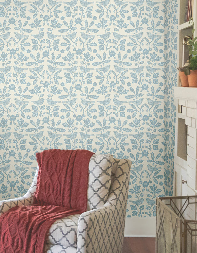Sparrow & Oak Glacial Blue Peel & Stick Wallpaper with Botanical Songbird Motif - York PSW1441RL