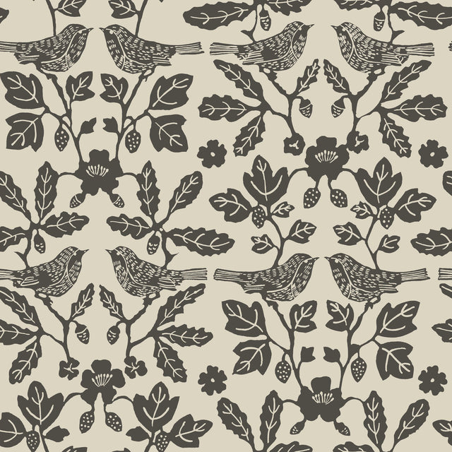 Sparrow & Oak Linen & Charcoal Peel & Stick Wallpaper with Botanical Songbird Motif - York PSW1442RL