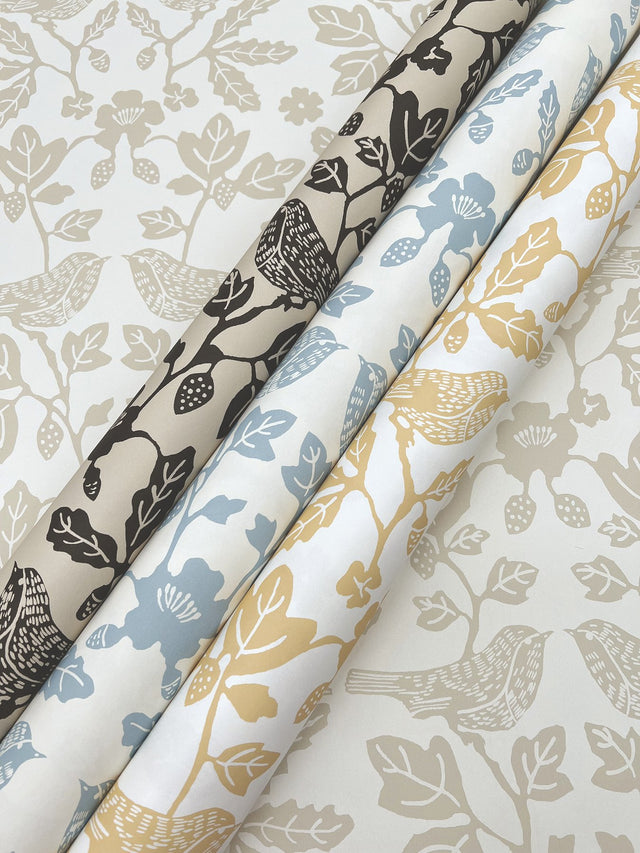 Sparrow & Oak Linen & Charcoal Peel & Stick Wallpaper with Botanical Songbird Motif - York PSW1442RL