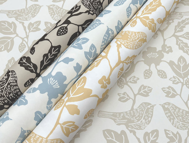 Sparrow & Oak Linen & Charcoal Peel & Stick Wallpaper with Botanical Songbird Motif - York PSW1442RL
