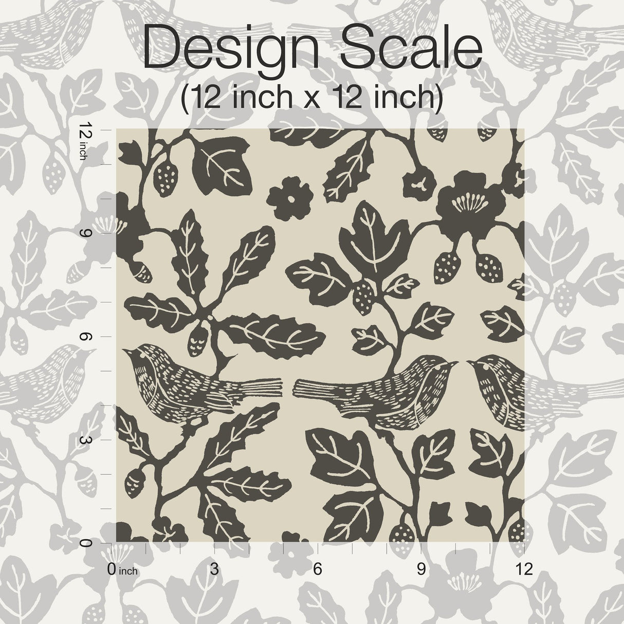Sparrow & Oak Linen & Charcoal Peel & Stick Wallpaper with Botanical Songbird Motif - York PSW1442RL