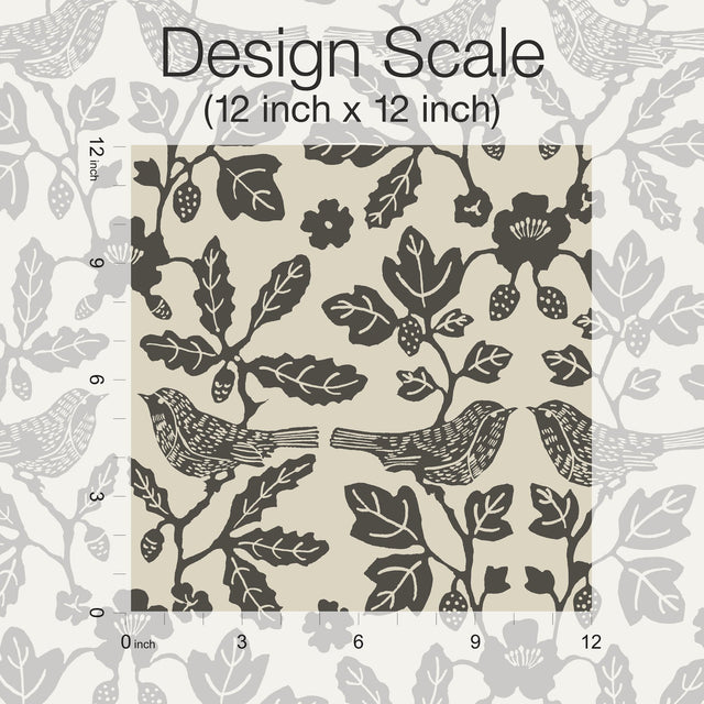 Sparrow & Oak Linen & Charcoal Peel & Stick Wallpaper with Botanical Songbird Motif - York PSW1442RL