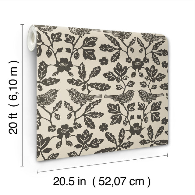 Sparrow & Oak Linen & Charcoal Peel & Stick Wallpaper with Botanical Songbird Motif - York PSW1442RL
