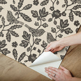 Sparrow & Oak Linen & Charcoal Peel & Stick Wallpaper with Botanical Songbird Motif - York PSW1442RL
