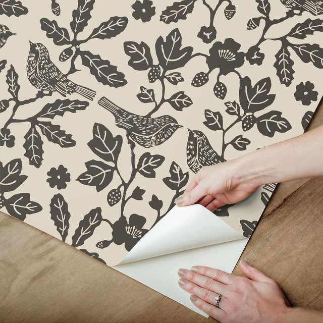 Sparrow & Oak Linen & Charcoal Peel & Stick Wallpaper with Botanical Songbird Motif - York PSW1442RL