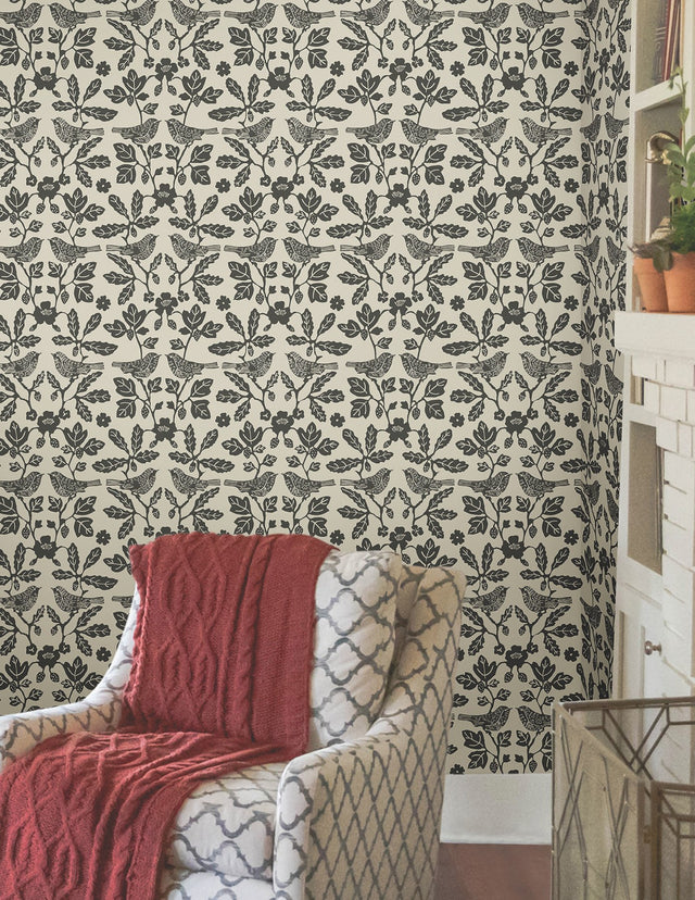 Sparrow & Oak Linen & Charcoal Peel & Stick Wallpaper with Botanical Songbird Motif - York PSW1442RL