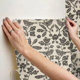 Sparrow & Oak Linen & Charcoal Peel & Stick Wallpaper with Botanical Songbird Motif - York PSW1442RL