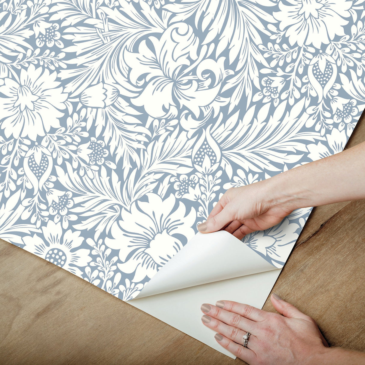 Modern Acanthus Wedgewood Blue Peel & Stick Wallpaper with Floral Acanthus Motif - York PSW1443RL