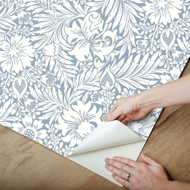 Modern Acanthus Wedgewood Blue Peel & Stick Wallpaper with Floral Acanthus Motif - York PSW1443RL