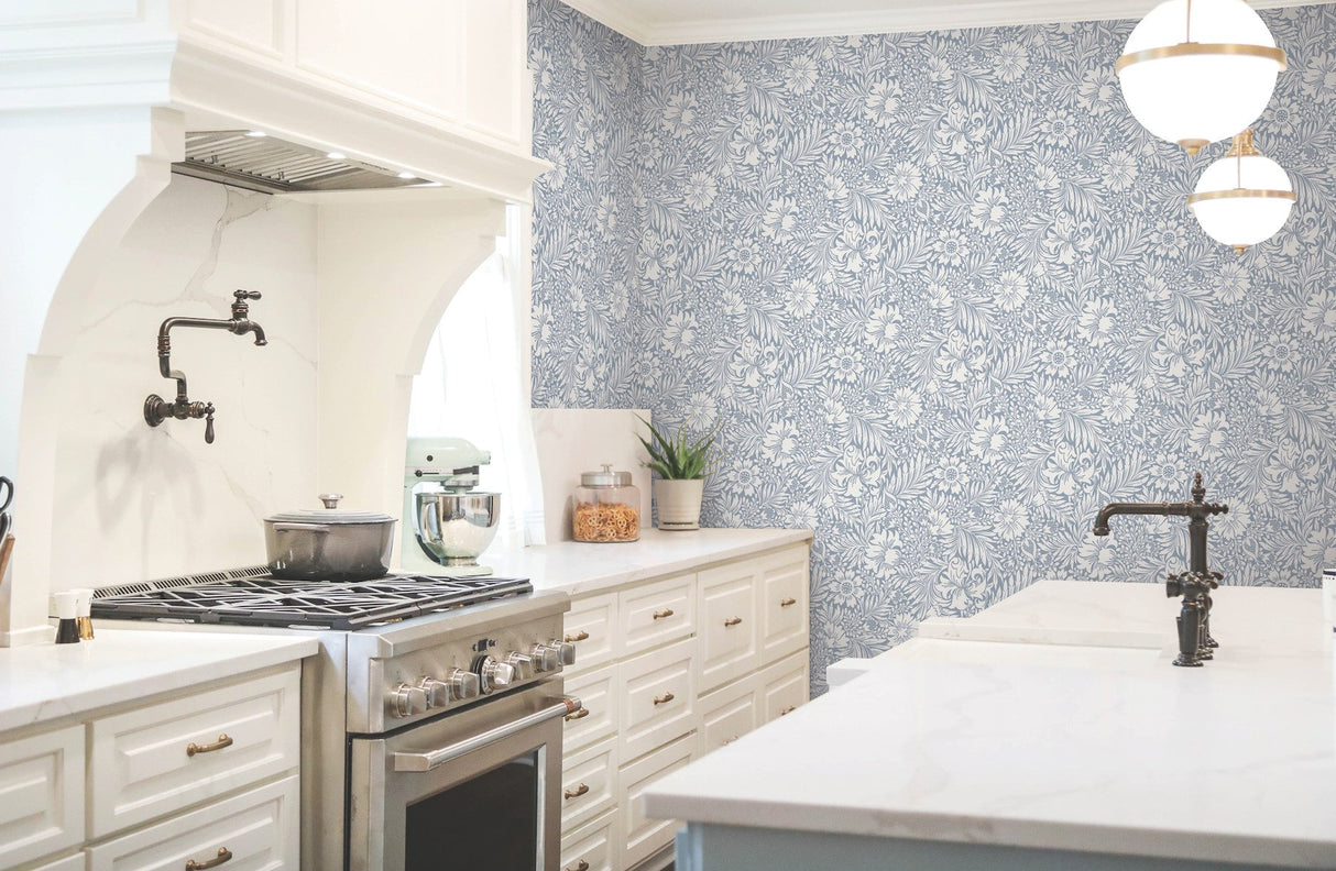 Modern Acanthus Wedgewood Blue Peel & Stick Wallpaper with Floral Acanthus Motif - York PSW1443RL