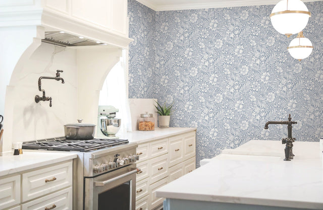 Modern Acanthus Wedgewood Blue Peel & Stick Wallpaper with Floral Acanthus Motif - York PSW1443RL
