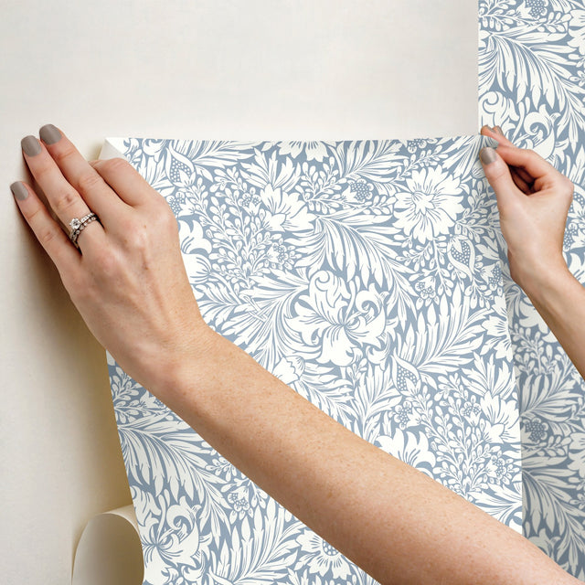 Modern Acanthus Wedgewood Blue Peel & Stick Wallpaper with Floral Acanthus Motif - York PSW1443RL