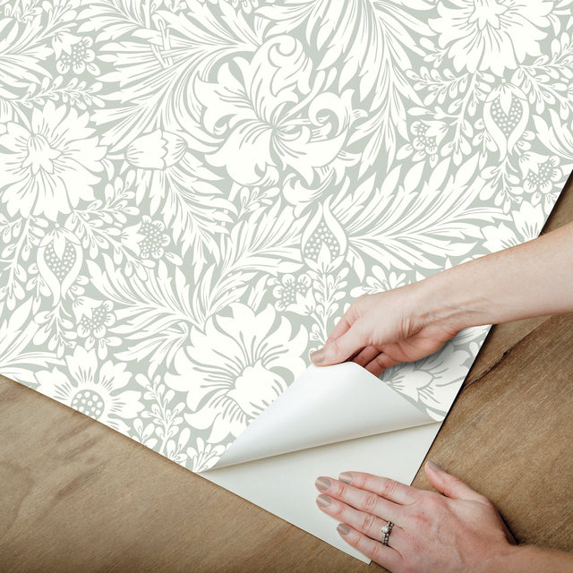 Modern Acanthus Vintage Duck Egg Peel & Stick Wallpaper with Floral Acanthus Motif - York PSW1446RL