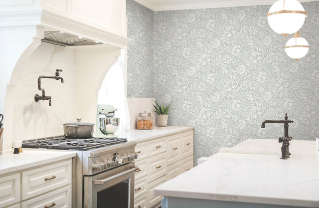Modern Acanthus Vintage Duck Egg Peel & Stick Wallpaper with Floral Acanthus Motif - York PSW1446RL