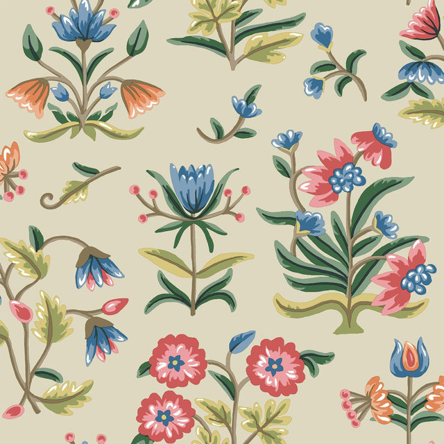 Heirloom Floral Taupe & Multi Peel & Stick Wallpaper with Vintage Folk-Art Floral Pattern - York PSW1447RL