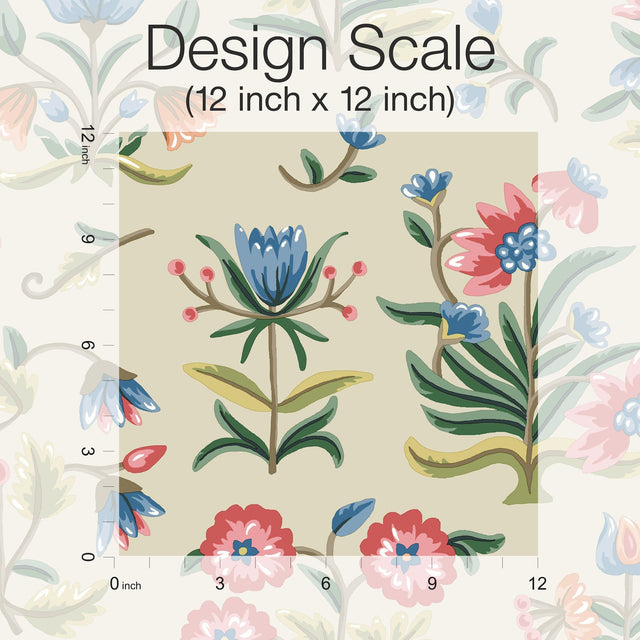 Heirloom Floral Taupe & Multi Peel & Stick Wallpaper with Vintage Folk-Art Floral Pattern - York PSW1447RL