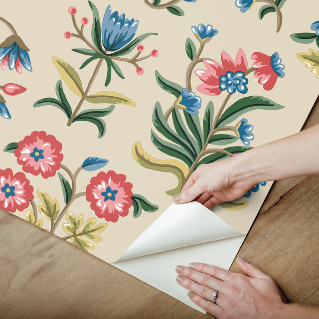 Heirloom Floral Taupe & Multi Peel & Stick Wallpaper with Vintage Folk-Art Floral Pattern - York PSW1447RL