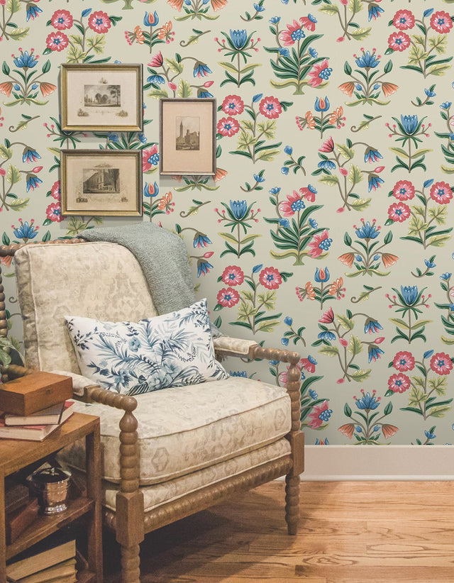 Heirloom Floral Taupe & Multi Peel & Stick Wallpaper with Vintage Folk-Art Floral Pattern - York PSW1447RL