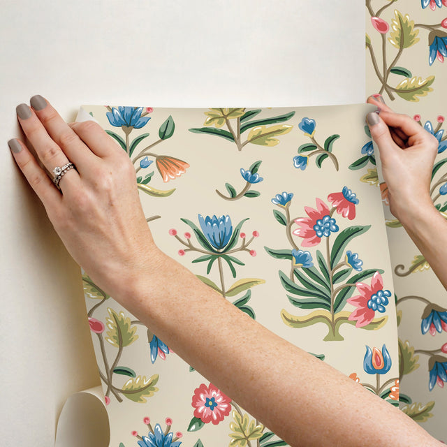 Heirloom Floral Taupe & Multi Peel & Stick Wallpaper with Vintage Folk-Art Floral Pattern - York PSW1447RL